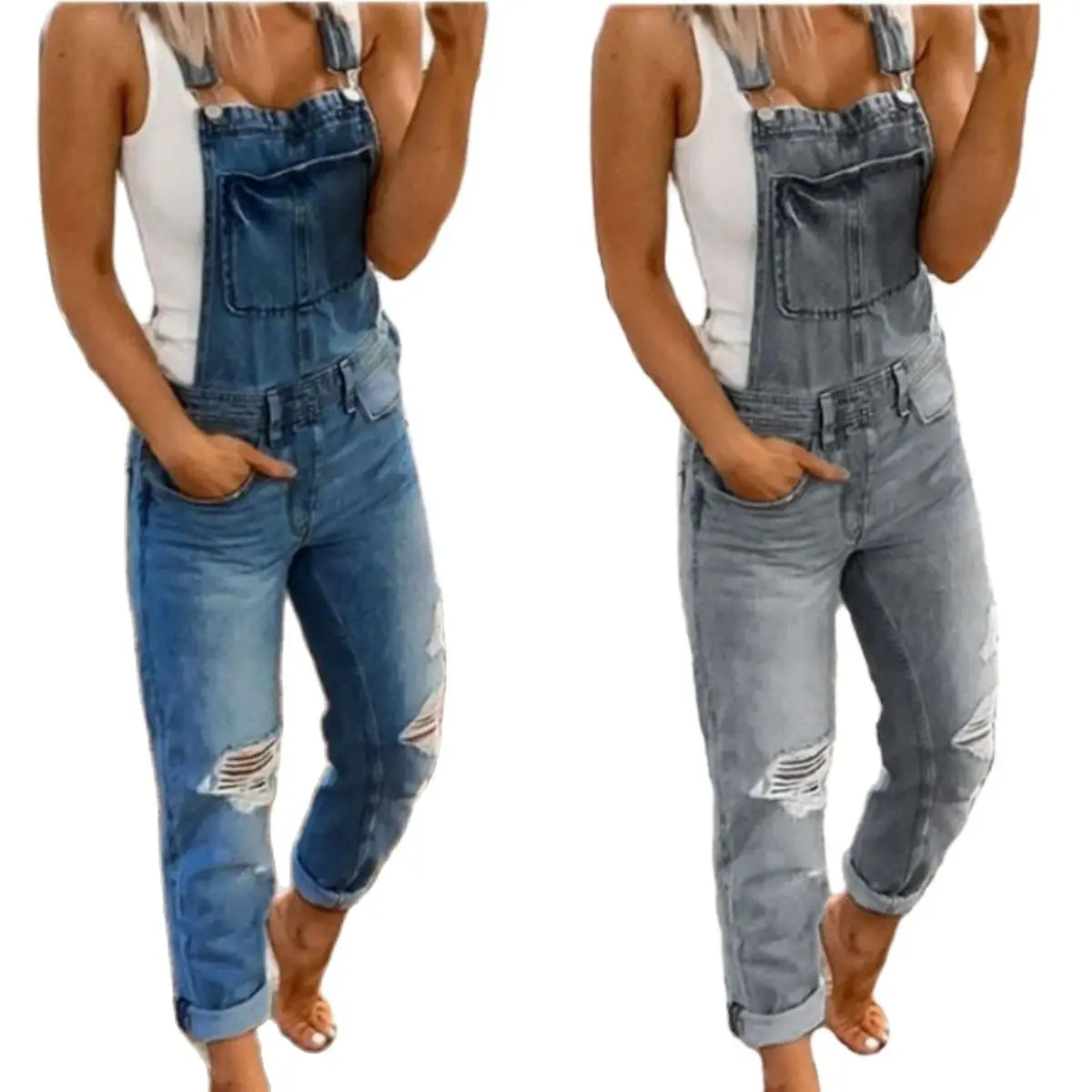 Hot Sale Suspenders Denim Jumpsuit For Women Fashion Ripped Jeans