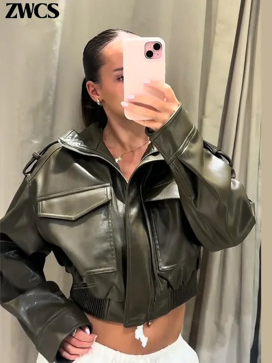 Vintage Zippers Short Leather Jackets Women's Casual Lapel Button Pockets Full Sleeve Coat 2025 Autumn New Lady Chic Streetwear