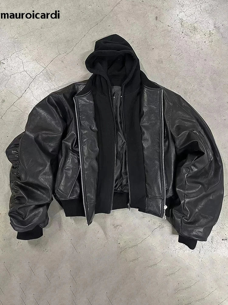 Mauroicardi Autumn Winter Oversized Cool Black Thickened Warm Pu