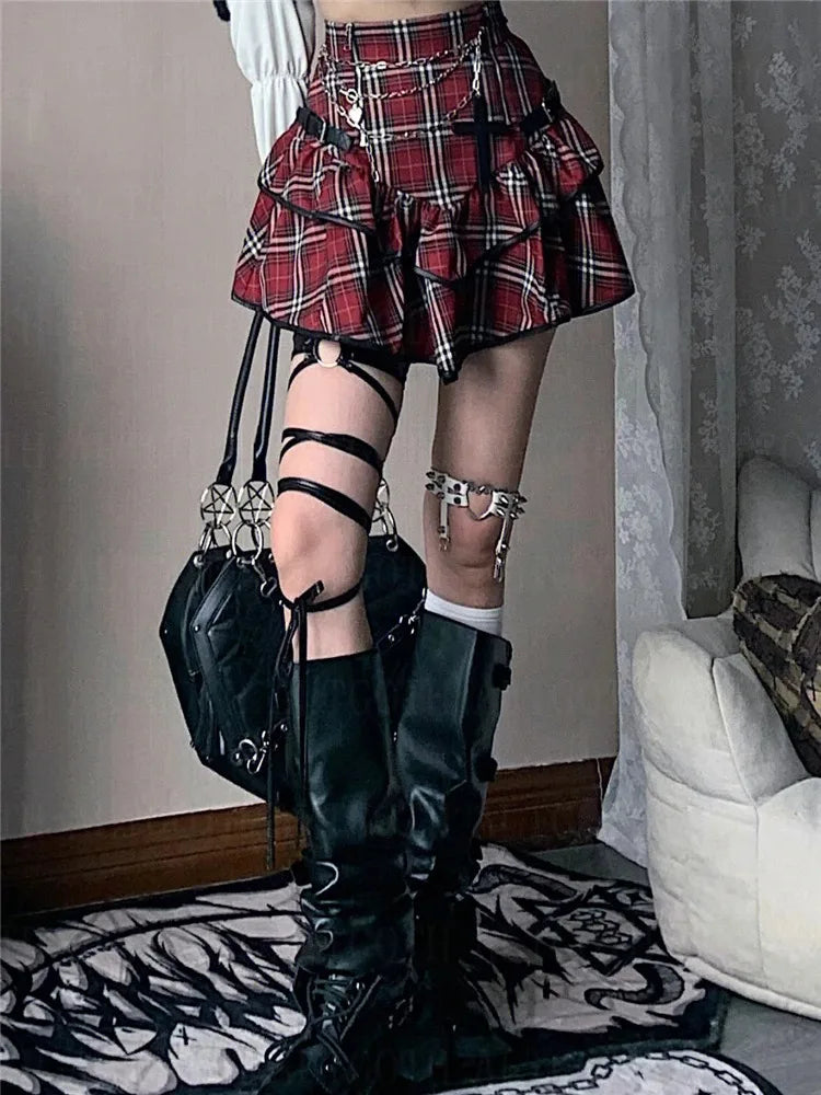 AltGoth Punk Gothic Red Plaid Skirt Women Vintage Y2k E-girl Emo Alt