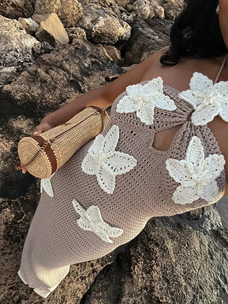 Women’s Beach Dresses Sexy Backless Knitted Long Dress Star Crochet
