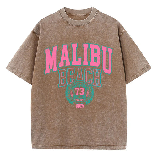 Malibu Beach Washed T-Shirt Women Letter Printing Cotton T Shirt