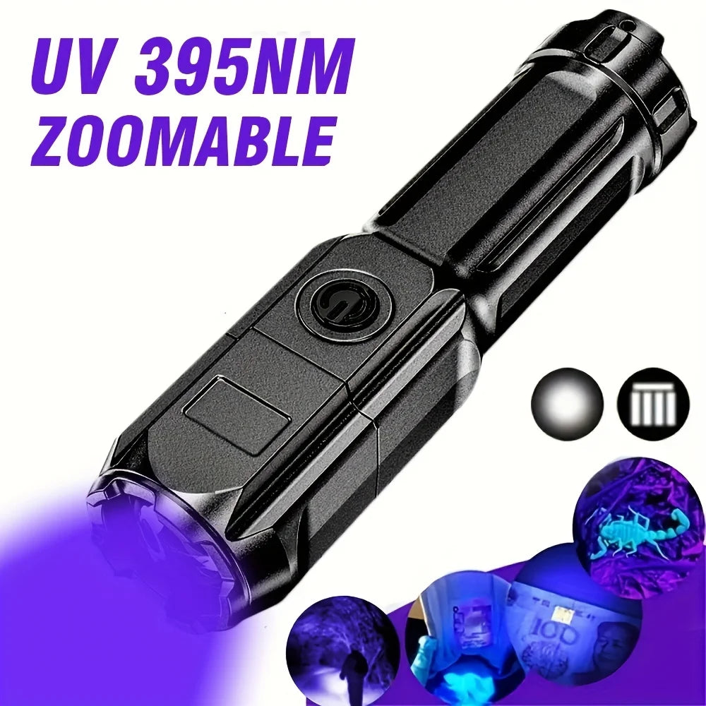 Portable UV Flashlight UV395NM Zoomable ABS Torch 3 Modes Camping