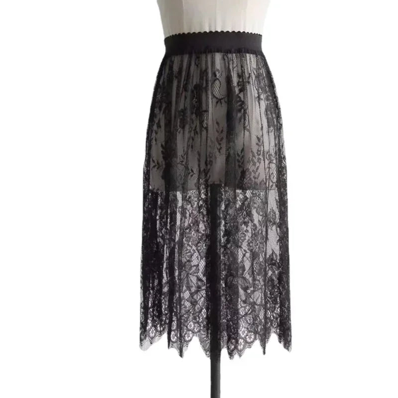 2 Length Elegant Black Skirt White Lace Transparent Long Tulle Skirt