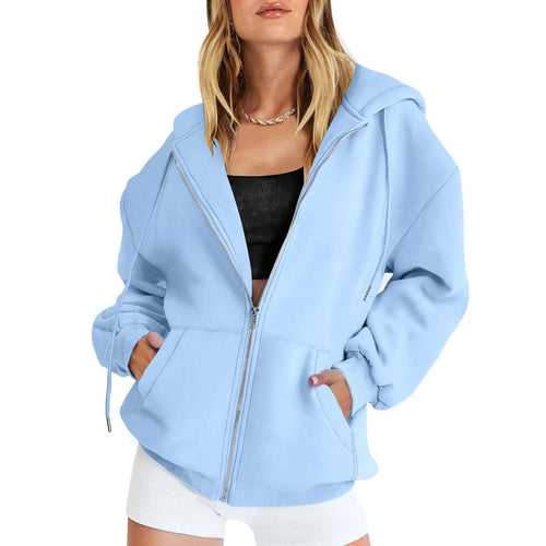 Fashion Gray Zip Up Sweatshirt Women Autumn Winter Jacket Clothes