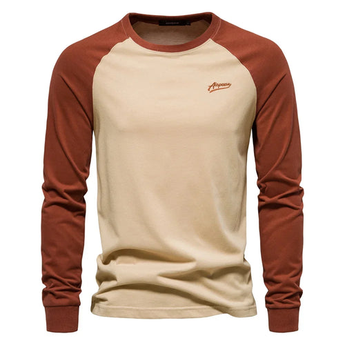 AIOPESON Men's T-shirts 100% Cotton Long Sleeve O-neck Pactwork Casual