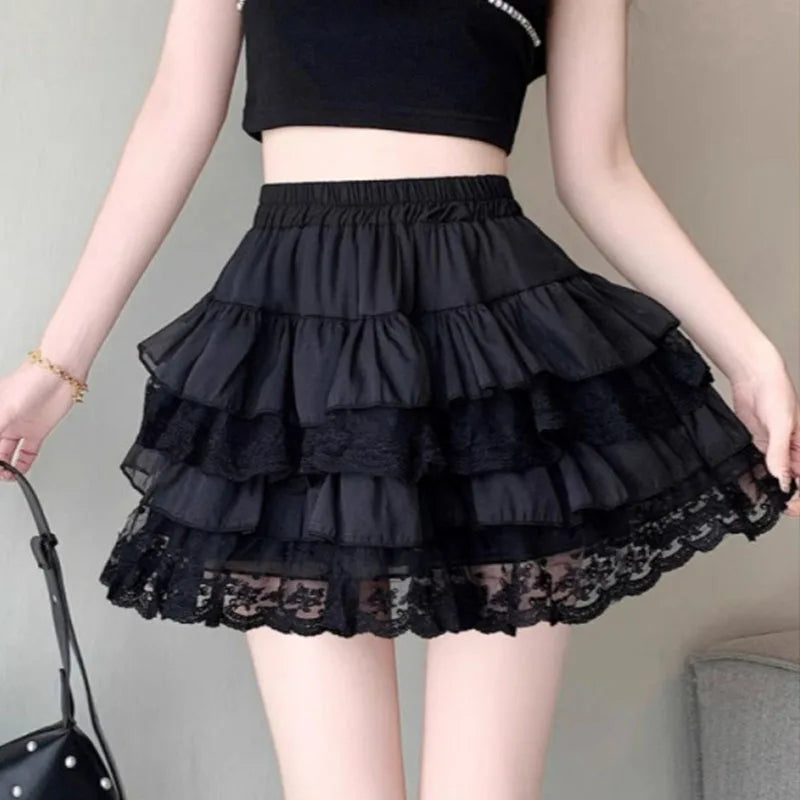 Elastic Gothic Lace Tutu Skirt Women Black Mesh Detail Petticoat Sexy