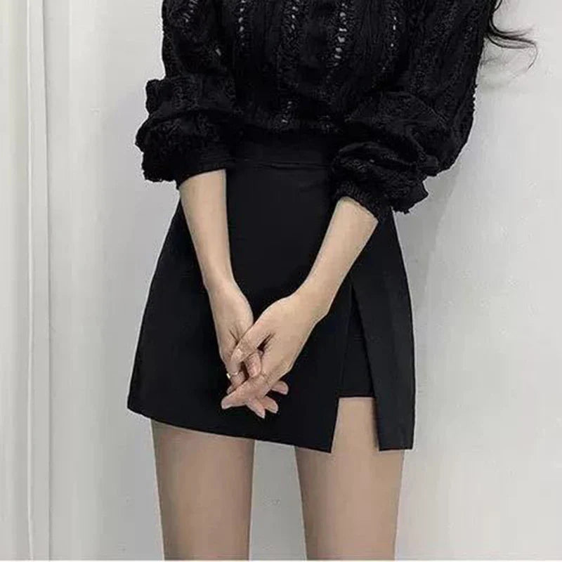 Black Mini Skirts Women Irregular Side Slits High Waist A Line Shorts