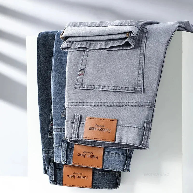 Summer Elastic Men's Jeans Fashion Gray Comfortable Business Straight