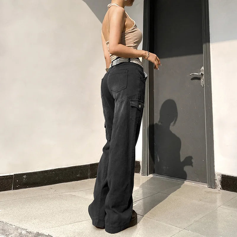 New Street High Waist Straight Leg Casual Jeans with Irregular Pockets