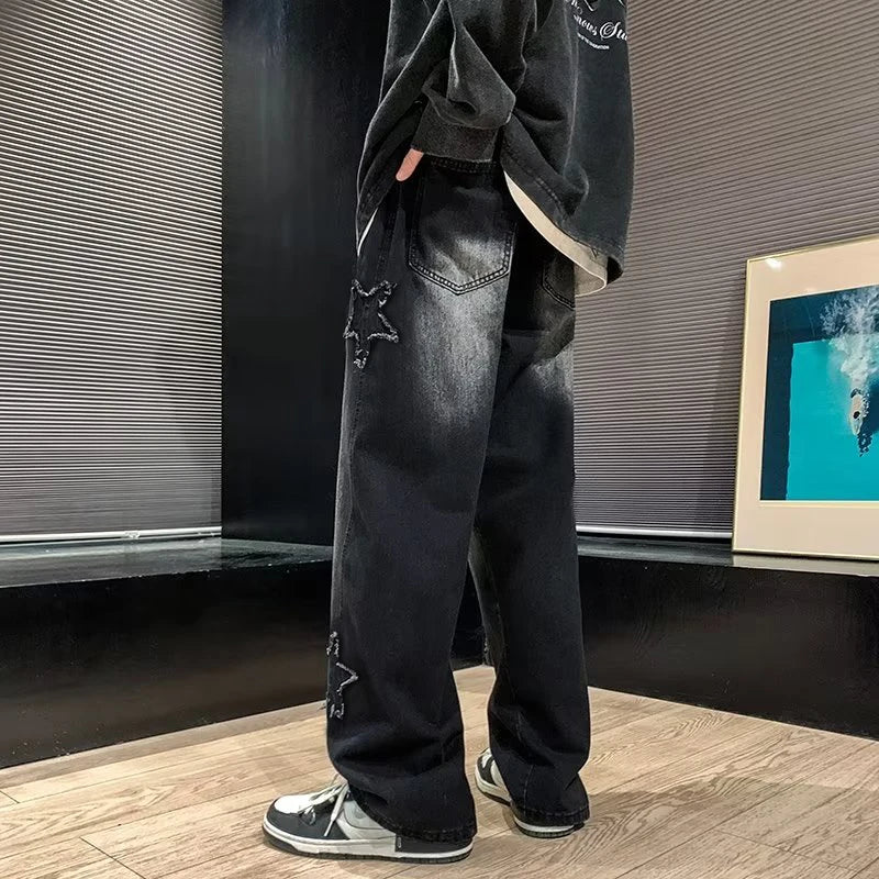 Stars Patchwork Men Jeans New Fashion Y2K Tassel Pants Korea Clothes