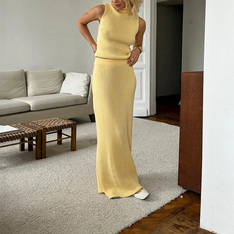 BKLD Casual Sexy Sleeveless Off Shoulder Solid Tank Top And Midi Skirt