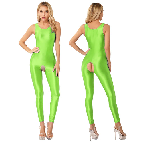 #S-XL Womens Glossy Nylon Open Crotch Tights Jumpsuits Solid Color