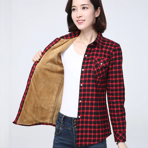 2023 Winter New Plus Thick Women's Warm Plaid Shirt Coat Lady Casual
