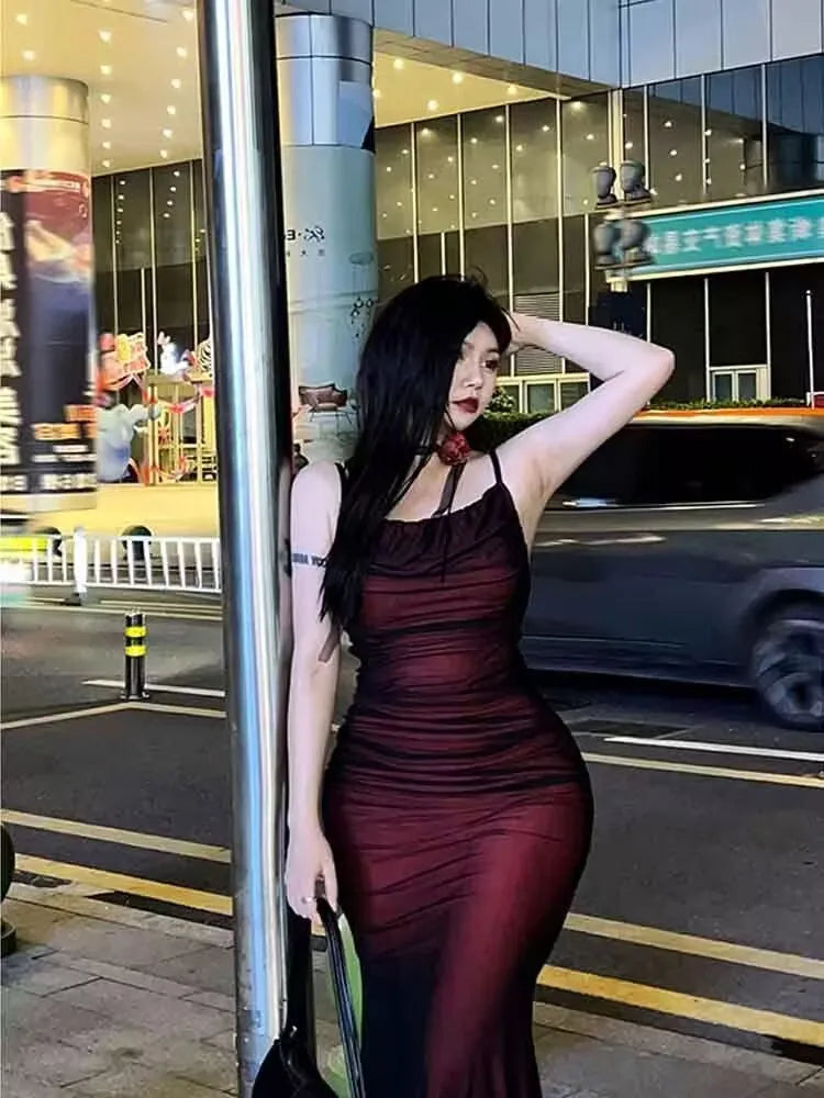 Sexy Luxury Woman Evening Dress Red Mesh Gothic Elegant Party Bodycon