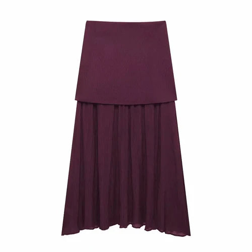 TRAFZA 2024 Women Skirt Set Wine Red Knitted V-Neck Sleeveless Slim