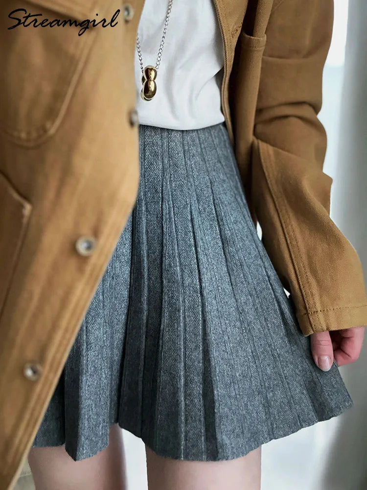 Knit Black Mini Pleated Skirts For Women A Line Winter Short Skirt