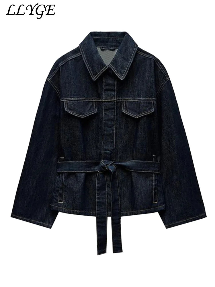 Vintage Belt Denim Jacket Pants Set Women Lapel Single Breasted