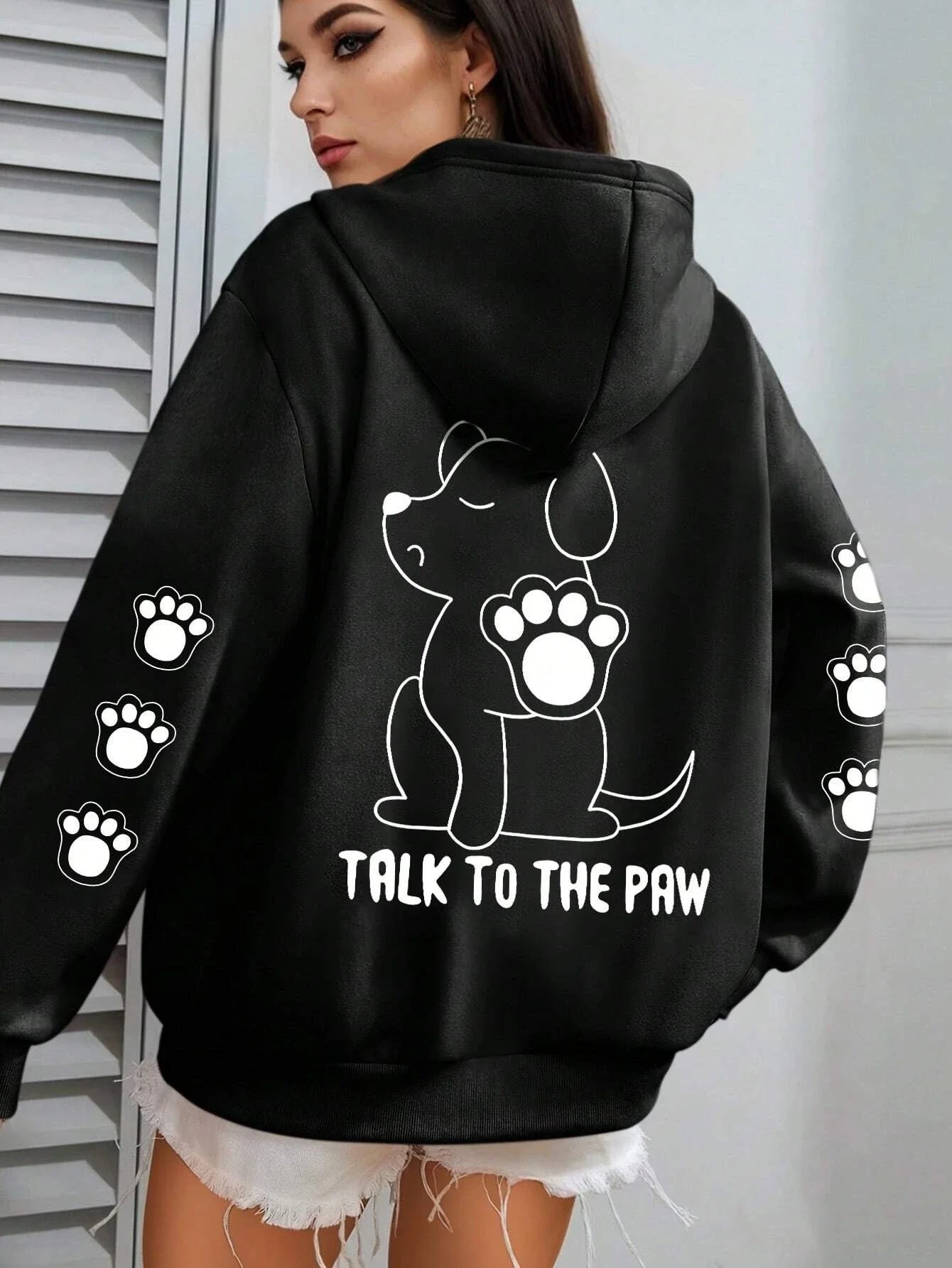 Talk To The Paw Funny Dog Cartoon Print Hoodie Women Warm Fleece Hoody