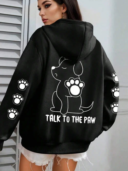 Talk To The Paw Funny Dog Cartoon Print Hoodie Women Warm Fleece Hoody