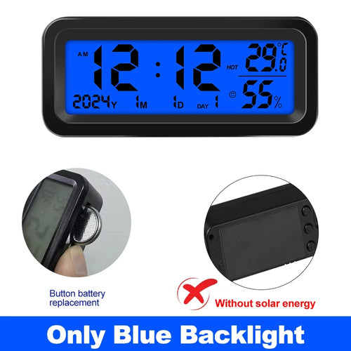 Solar Car Clocks Dashboard Thermometer Automotive Electronic Watch Led