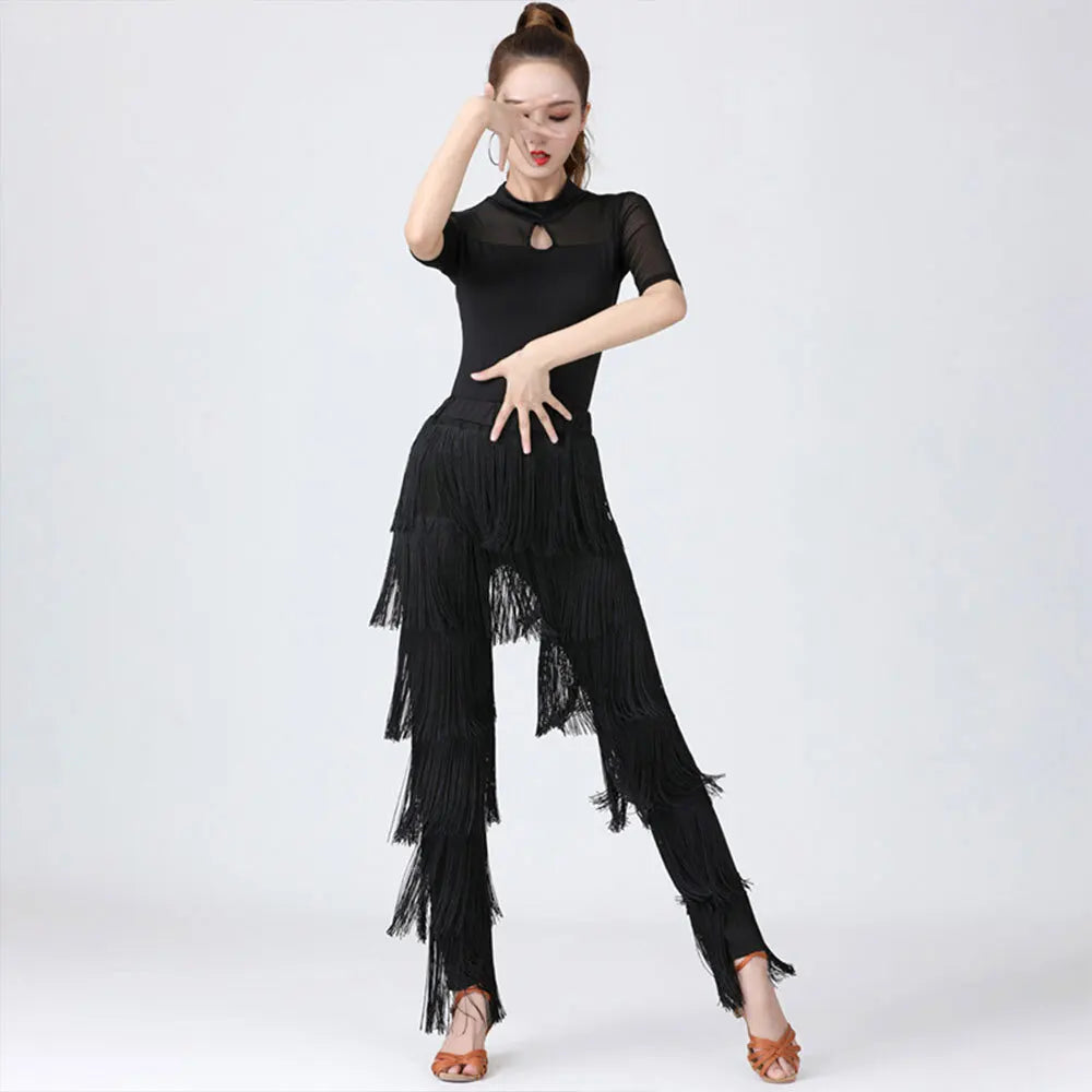 Womens Dancewear Elastic Waistband Tassel Latin Dance Pants Tango