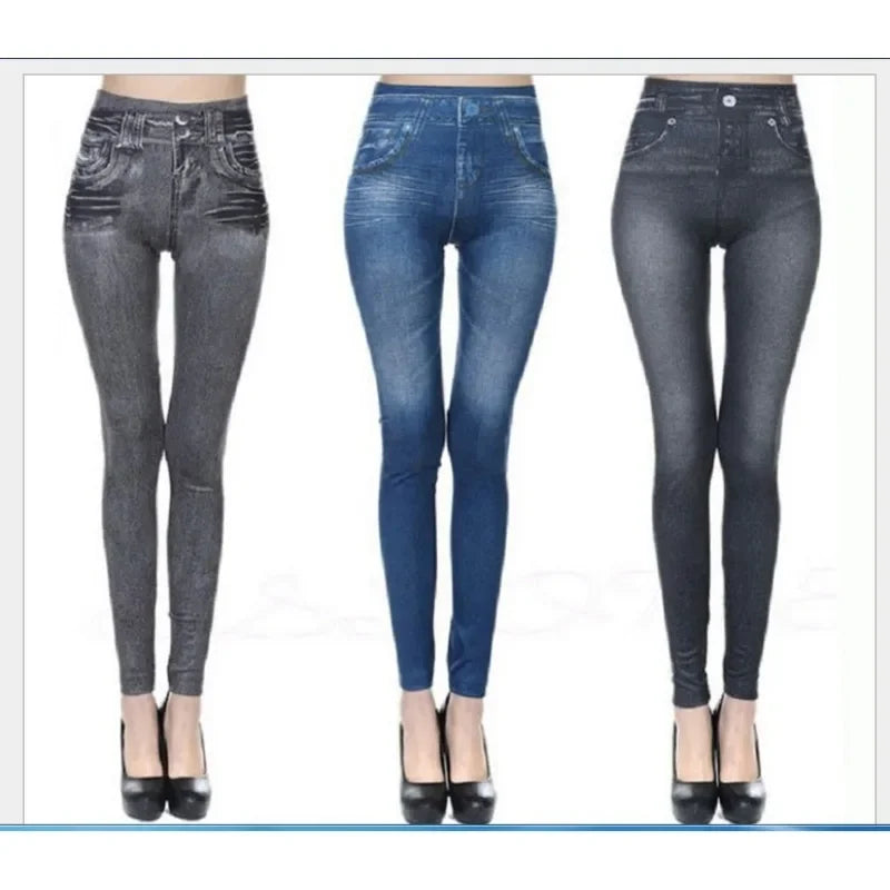 Women Leggings 2023 Fashion Faux Denim Jeans Leggings Sexy Long Pocket