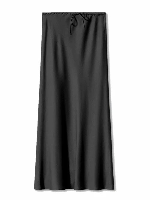Streamgirl A Line Long Satin Skirts For Women Black 2024 Elegant High