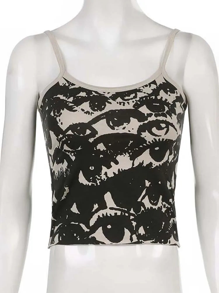 Gothic Portrait Print T-shirt Aesthetic Y2K Crop Tops Short Sleevle
