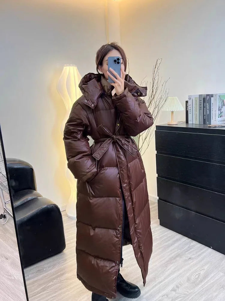 With Belt Women's Winter Down Jacket Long Puffer Coat White Duck Thick