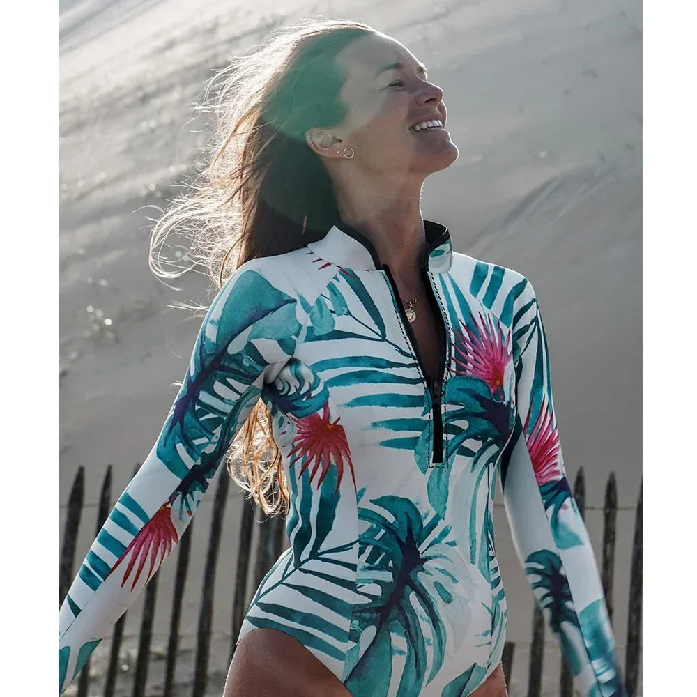 2024 Swimwear Women Print Floral One Piece Swimsuit Long Sleeve
