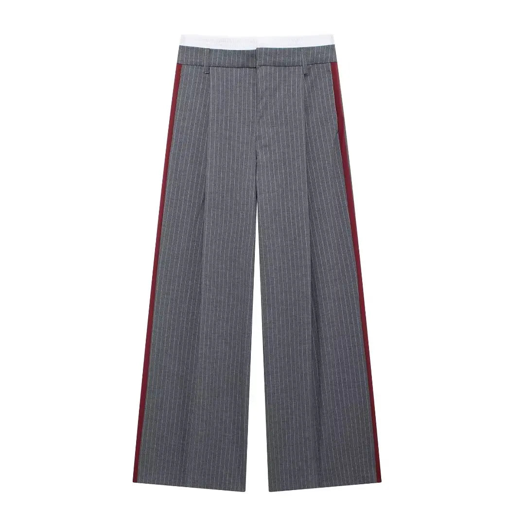 Tangada 2024 Autumn Winter Women Striped Wide Leg Pants Trousers High