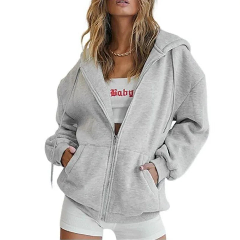 Fashion Gray Zip Up Sweatshirt Women Autumn Winter Jacket Clothes