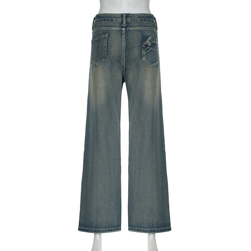 BIIKPIIK Vintage Washed Loose Fit Jeans Casual Denim Pants For Women
