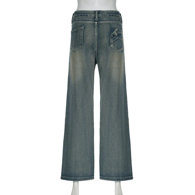 BIIKPIIK Vintage Washed Loose Fit Jeans Casual Denim Pants For Women