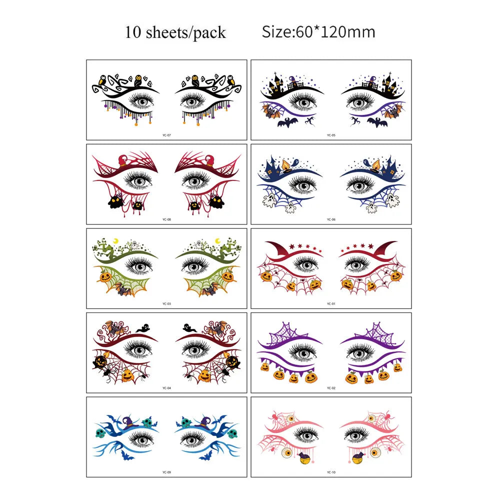 10pcs Halloween Facial Makeup Temporary Tattoo Stickers Waterproof Eye Decoration Tattoo
