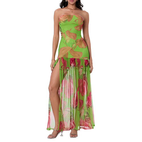 Women’s Tube Top Summer Dress Slim Strapless Backless Mesh Patchwork