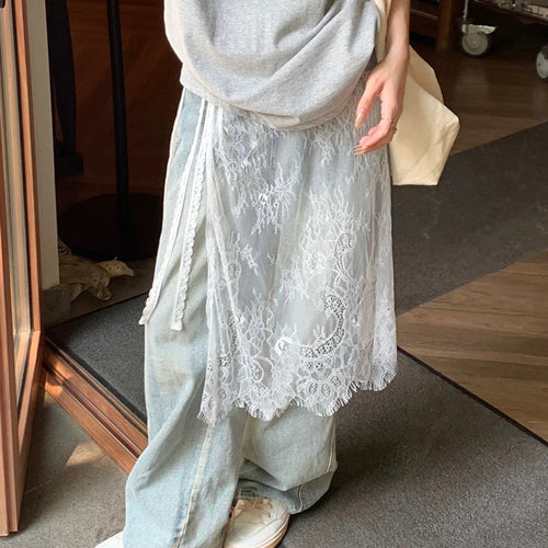Midi Skirts Women Lace Drawstring Design Elegant Korean Style Spring
