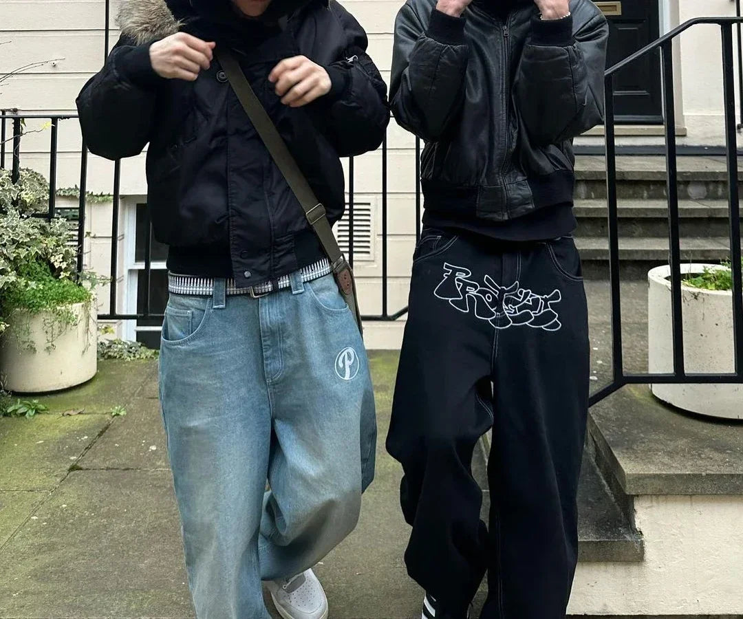 Y2K Men blue letter printed jeans high-end fashion hip-hop trend