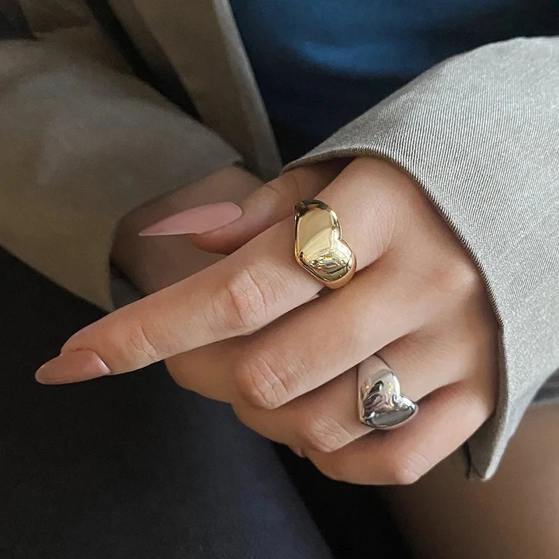 Stainless Steel Simple Smooth Metal Heart Ring for Women Men Y2K