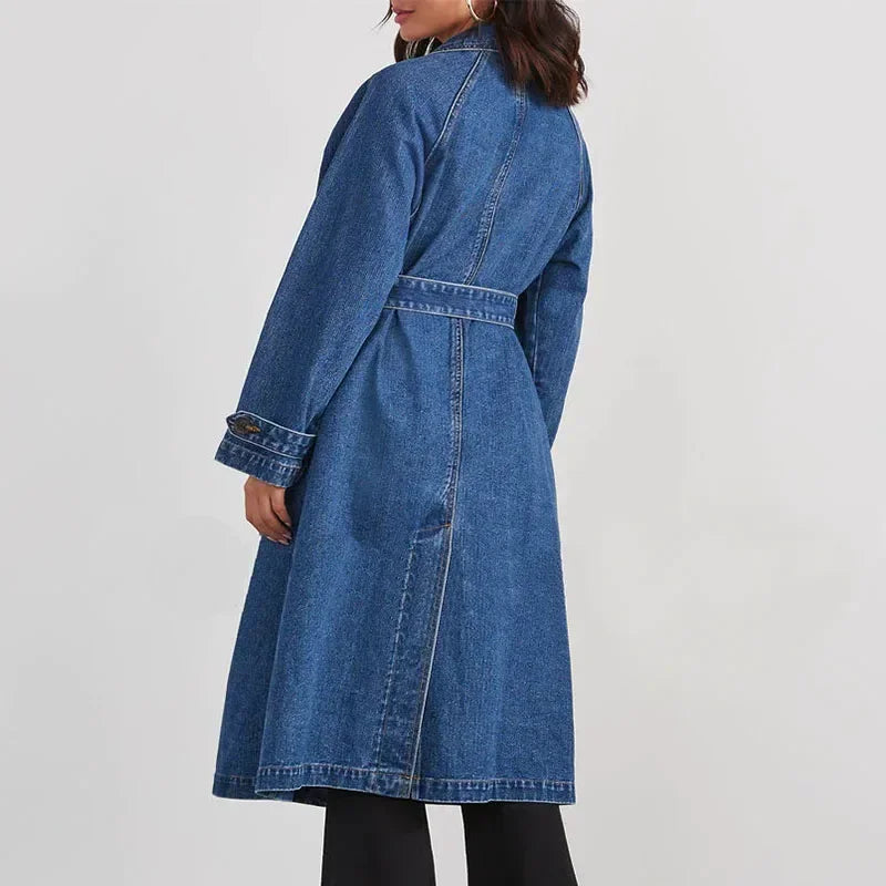 Spring Autumn Women Denim Trench Belt On Waist Jean Coats
