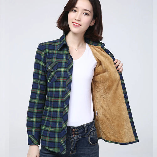 2023 Winter New Plus Thick Women's Warm Plaid Shirt Coat Lady Casual