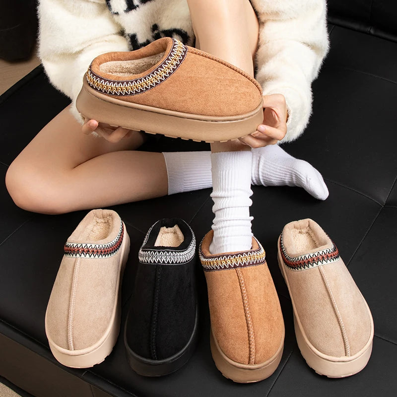 Feslishoet Winter Woman Slippers Plush Interior Anti Slip Sole Thick Bottom Embroider Fashion Warm Slippers Use Indoor Outdoor