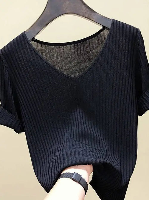 Knitted short sleeve Women V-Neck T Shirts 2024 Blue Slim Black thin