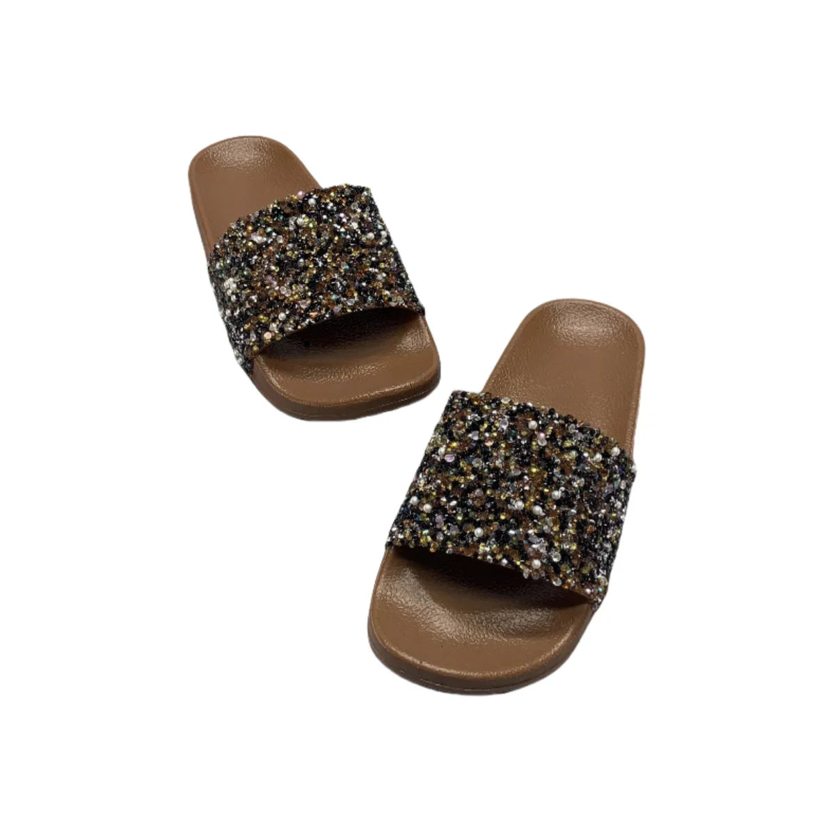Women’s Brown Sparkling Sequin Flat Slippers – Comfortable Casual
