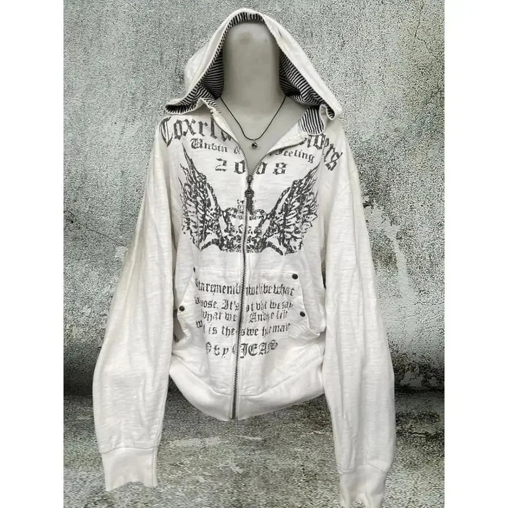 Vintage Sweatshirts 2024 Women's Clothes White Print Tunic Hooded Y2k