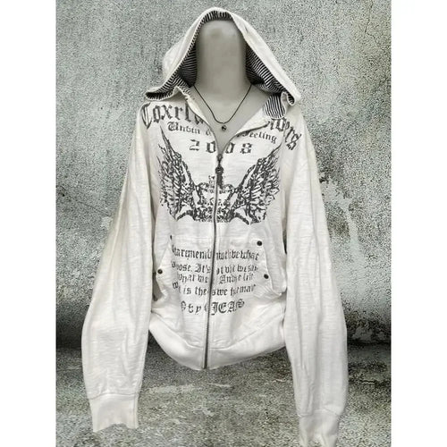 Vintage Sweatshirts 2024 Women's Clothes White Print Tunic Hooded Y2k