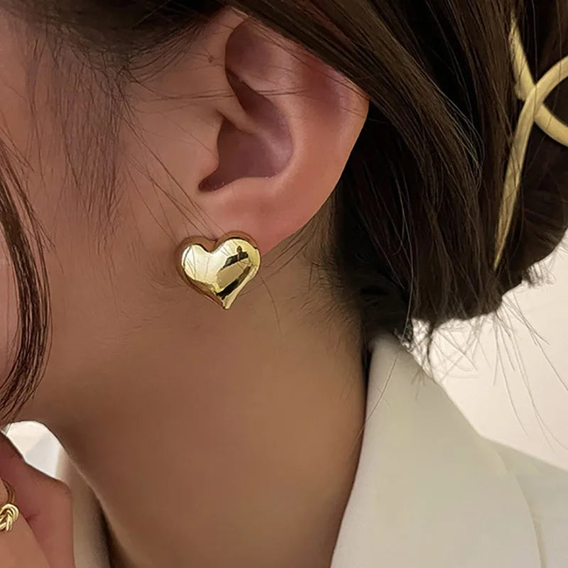Minimalist Silver Color Smooth LOVE Heart Stud Earrings for Women