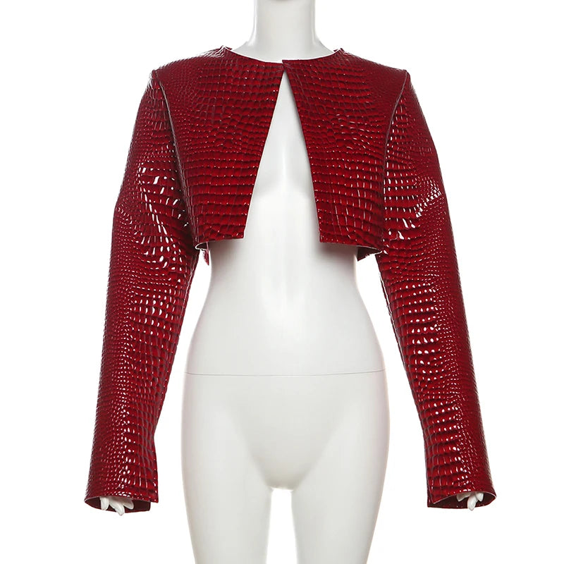Women O Neck Long Sleeve PU Faux Leather Cropped Jackets Punk Grunge