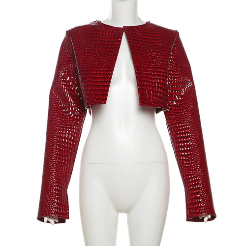 Women O Neck Long Sleeve PU Faux Leather Cropped Jackets Punk Grunge